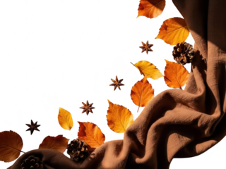 Autumn leaves and pine cones on a brown blanket isolated on transparent background with star anise