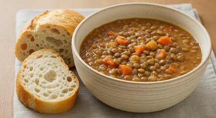 Hearty bowl of lentil soup with sliced bread on a table setting