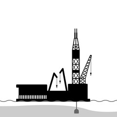 Offshore oil barge rig silhouette for shallow water drilling graphic illustration