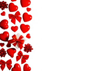 A collection of red hearts and bows on transparent background for valentines day decoration