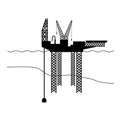 Offshore oil jackup rig silhouette with movable legs for sea drilling graphic illustration