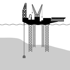 Offshore oil jackup rig silhouette with movable legs for sea drilling graphic illustration