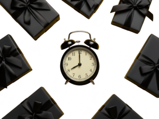 Black alarm clock surrounded by wrapped gifts on transparent background for time management and gift giving concepts