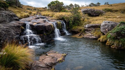 A serene waterfall cascades over rocky steps into a still pool, framed by grassy slopes and boulders under a cloudy sky
