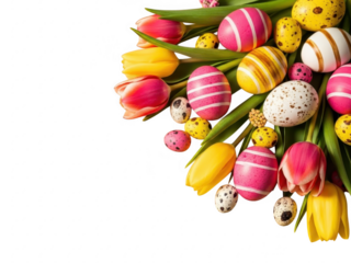 Easter eggs and tulips on a transparent background in a colorful arrangement
