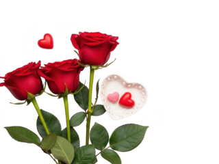 Three red roses with hearts on transparent background for valentines day or love themed designs and decorations