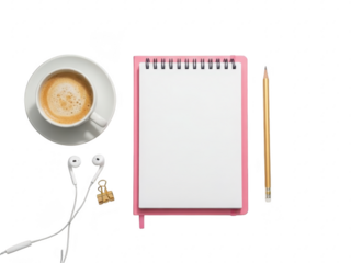 Coffee and stationery on transparent background for morning routine or work