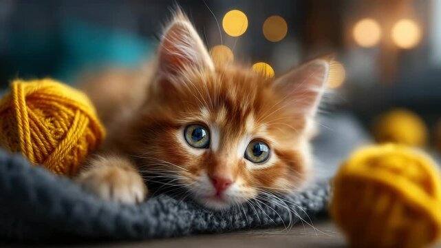 Adorable orange kitten playing with yellow yarn balls on cozy blanket