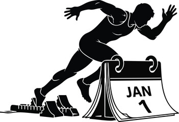 New Year's resolution concept. Sprinter launching from a calendar on January 1st. Fresh start and motivation vector illustration.