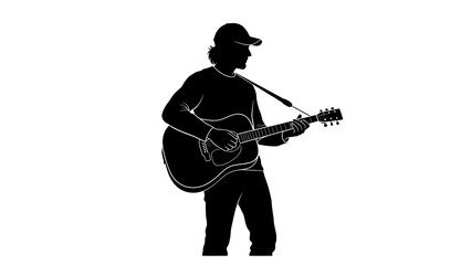 Silhouette of a musician wearing a baseball cap skillfully playing an acoustic guitar with intense focus against a stark white background design element