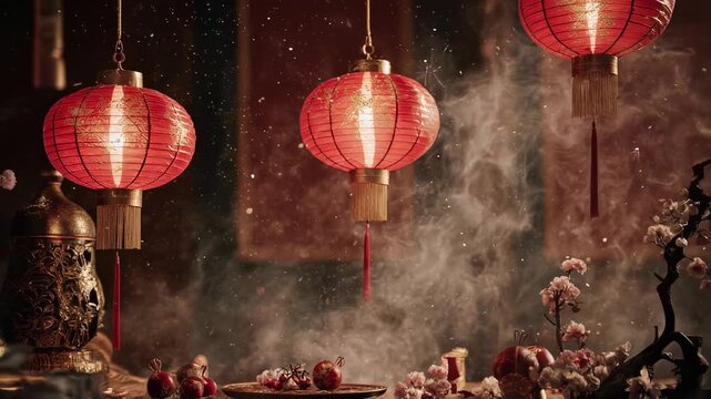 Luxury Chinese New Year cinematic video background in realistic style. Elegant festive scene with glowing red lanterns hanging gracefully, detailed golden ornaments, traditional Chinese patterns, and 