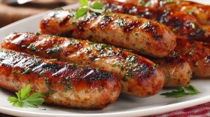 Close-up of cooked sausages, lightly browned with grill marks. Garnished with herbs on a white plate, highlighting a delicious, savory meal