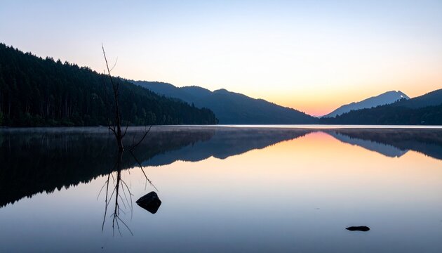 Serene lake at sunset with mountains. - Powered by Adobe