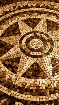 Antique golden mosaic floor featuring a star and compass pattern with intricate tile details and geometric design