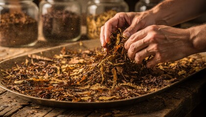 Medium shot of small batch looseleaf chewing tobacco blending highlighting careful hand mixing to craft unique and consistent flavor profiles.