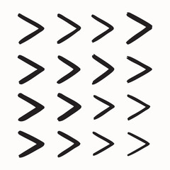 Hand drawn greater than signs and chevron arrows vector set minimalist black ink sketch icons on white background.