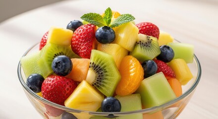 Fresh fruit salad with strawberries, blueberries, kiwi, melon and mint leaves in a glass bowl on white table