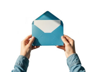 Hands holding a blue envelope isolated on transparent background for mailing or communication purposes