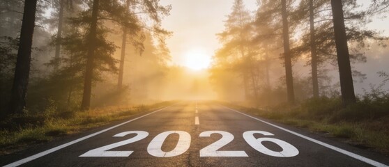 New year 2026 or start straight concept. word 2026 written on the road in the middle of asphalt road at sunrise. Concept of planning and new opportunities