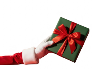 Santa claus hand holding green gift box with red ribbon isolated on transparent background