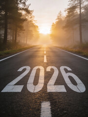 Looking ahead to 2026: A road to future vision. The image features the road towards 2026 with a beautiful sunrise sky in background.