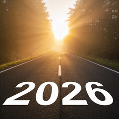 New year 2026 or start straight concept. 2026 written on the road in the middle of asphalt road at sunset. Concept of planning and challenge, business strategy, opportunity and new life change