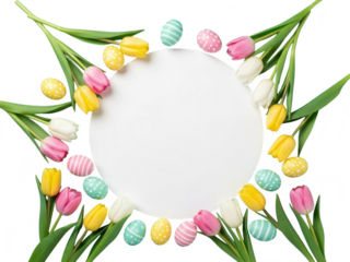 Colorful tulip flowers and easter eggs arranged in a circle on a transparent background for springtime or holiday decoration