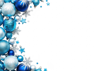 Blue christmas ornaments and snowflakes on a transparent background for holiday decoration and design