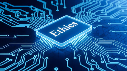 Glowing blue microchip central processing unit glowing with the word ethics engraved on its surface representing digital responsibility and artificial intelligence programming concepts