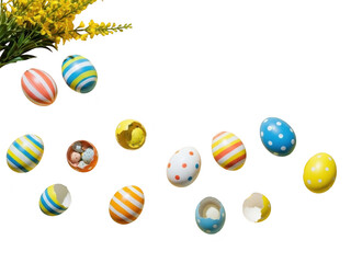 Fototapeta premium Colorful easter eggs with floral arrangement on isolated transparent background