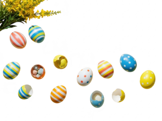 Colorful easter eggs with floral arrangement on isolated transparent background