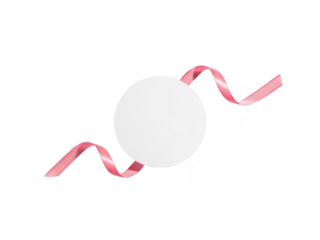 Pink ribbon wrapped around white circle on isolated transparent background