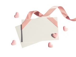 Pink ribbon and hearts floating around white envelope on transparent background