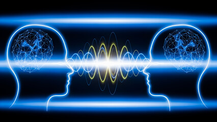 Abstract representation of two glowing human head silhouettes engaged in direct mental energy transfer or telepathic communication across a field of vibrant electric waves