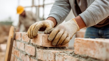 Construction worker lays bricks on a building site while another worker observes during a cloudy day