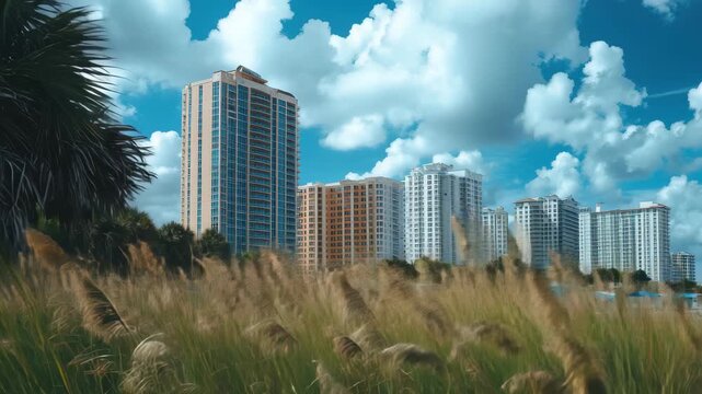 Myrtle Beach skyline with modern buildings and tall grass under a blue sky, Myrtle Beach, South Carolina, USA city skyline