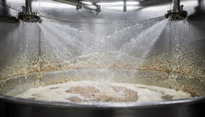 Medium shot of automated CIP cleaning system performing caustic wash showcasing fixed spray balls efficiently removing organic residues inside tank interiors.