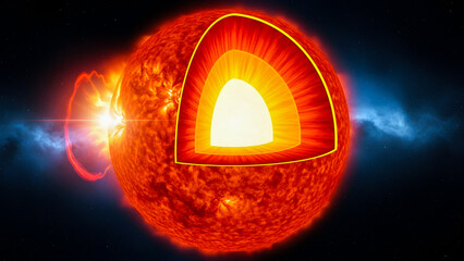 Detailed scientific illustration depicting the internal structure of a massive star showing core fusion layers and an accompanying powerful solar flare eruption in space