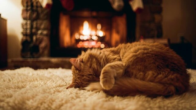 Orange tabby cat sleeping on a fluffy white rug in front of a burning fireplace. Ginger feline napping near Christmas stockings. Cozy holiday home atmosphere