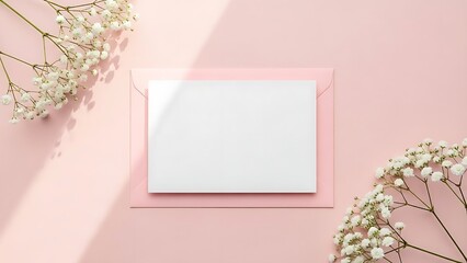 Birthday party invitation concept,pastel pink background blank white greeting card atop a blush pink envelope, framed by delicate baby's breath flowers
