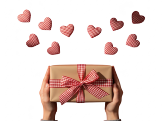 A person holding a gift box with a red bow and hearts floating above isolated on transparent background