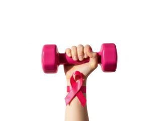 A hand holding a pink dumbbell with a breast cancer awareness ribbon isolated on transparent background