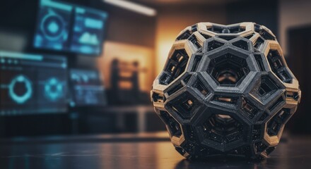 Close up of futuristic metallic object with hexagonal pattern on surface, blurred screens in background, technology and innovation concept