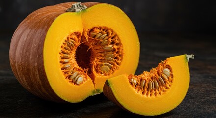 Sliced pumpkin on dark background, showcasing vibrant orange flesh and seeds, healthy eating, food, vegetable, nutrition