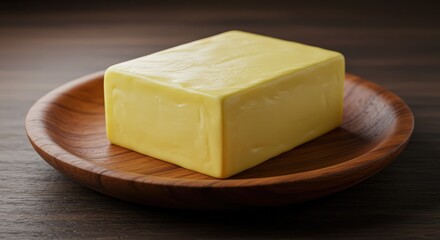 A block of yellow butter on a wooden plate on a table, perfect for cooking and baking
