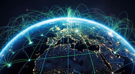 Global network connections around earth at night with cities and continents lit up in a futuristic digital illustration