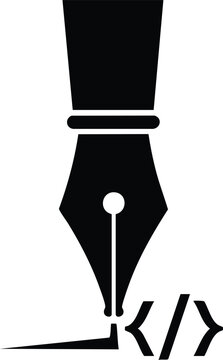 Creative coding icon. A fountain pen writes a programming tag symbol. Development and writing concept.
