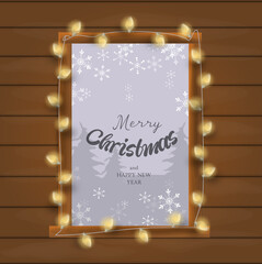 Illustration of wooden window decorated with christmas lights