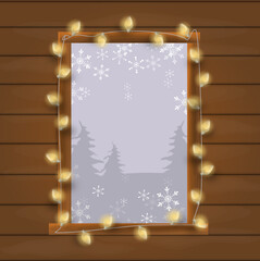Illustration of wooden window decorated with christmas lights