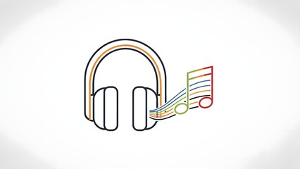 Minimalist line art icon depicting colorful sound waves flowing from over ear headphones toward a vibrant musical note symbol representing audio enjoyment